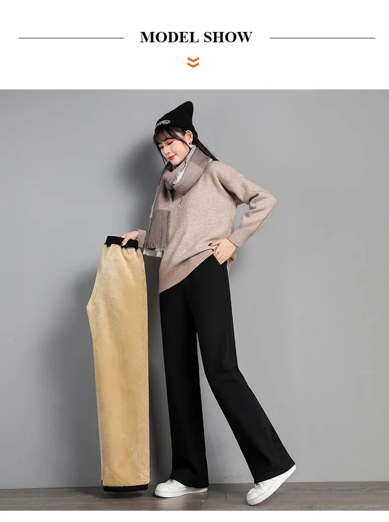 Women Warm Winter Plush Thick Pants Lambskin Cashmere Trousers High Waist Cotton Fleece Loose Female Wide Leg Pants PELEDRESS