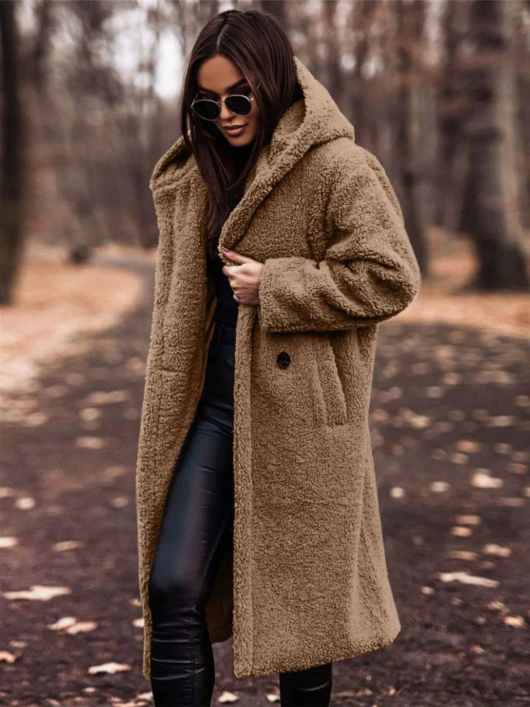 Women Luxury Faux Fur Coat Teddy Fleece Hooded Robe Sherpa Fluffy Chic Cardigan Winter Plush Overcoat