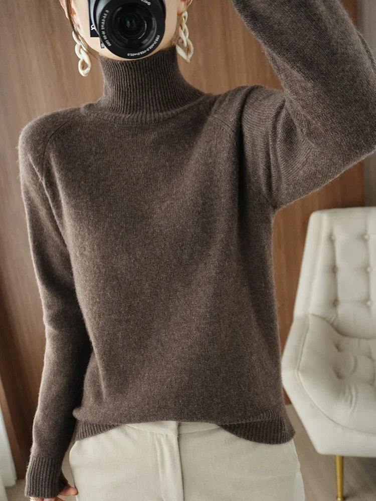 Fashion Basic Autumn Winter  Merino Wool Sweater Mock Neck Cashmere Pullover  Solid Color Soft Long Sleeve Clothing Tops