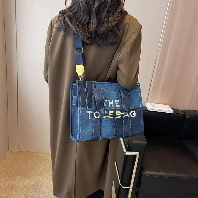 High-capacity Letter Print Underarm Bag Women Y2k New Trendy Fashion Shoulder Handbags Contrast Color Patchwork Denim Tote Bags