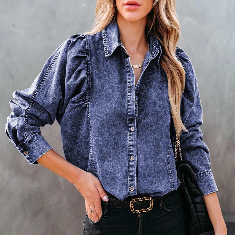 Girl Blouse Puff Long Sleeve Boho Denim Shirts Women Tops Vintage Cotton Blusas Casual 2023 Spring Autumn Loose Cowboy Shirt