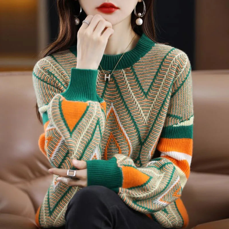 New Autumn/Winter Fashion Trend Lazy and Loose Fit Large Size Colored Versatile Cashmere Women's Long Sleeve Knitted Sweater