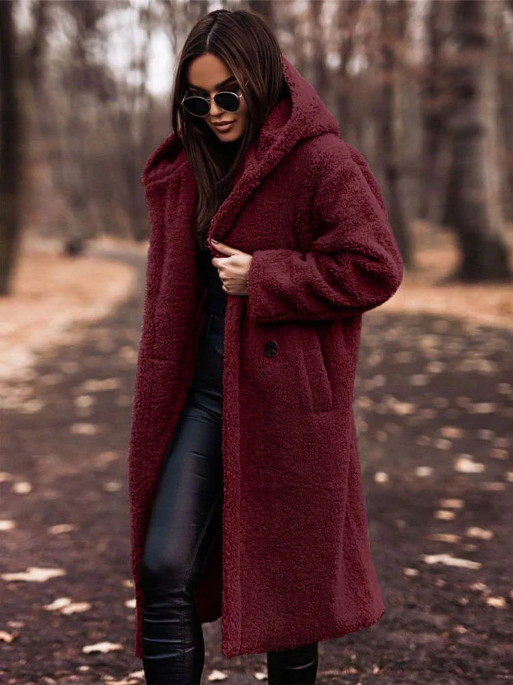 Women Luxury Faux Fur Coat Teddy Fleece Hooded Robe Sherpa Fluffy Chic Cardigan Winter Plush Overcoat