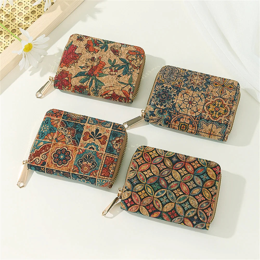 Retro Printed Women's Short Wallet Zipper Cork Leather Card Bag Multi functional Card Slot Women's Card Case Money Pouch Clutch