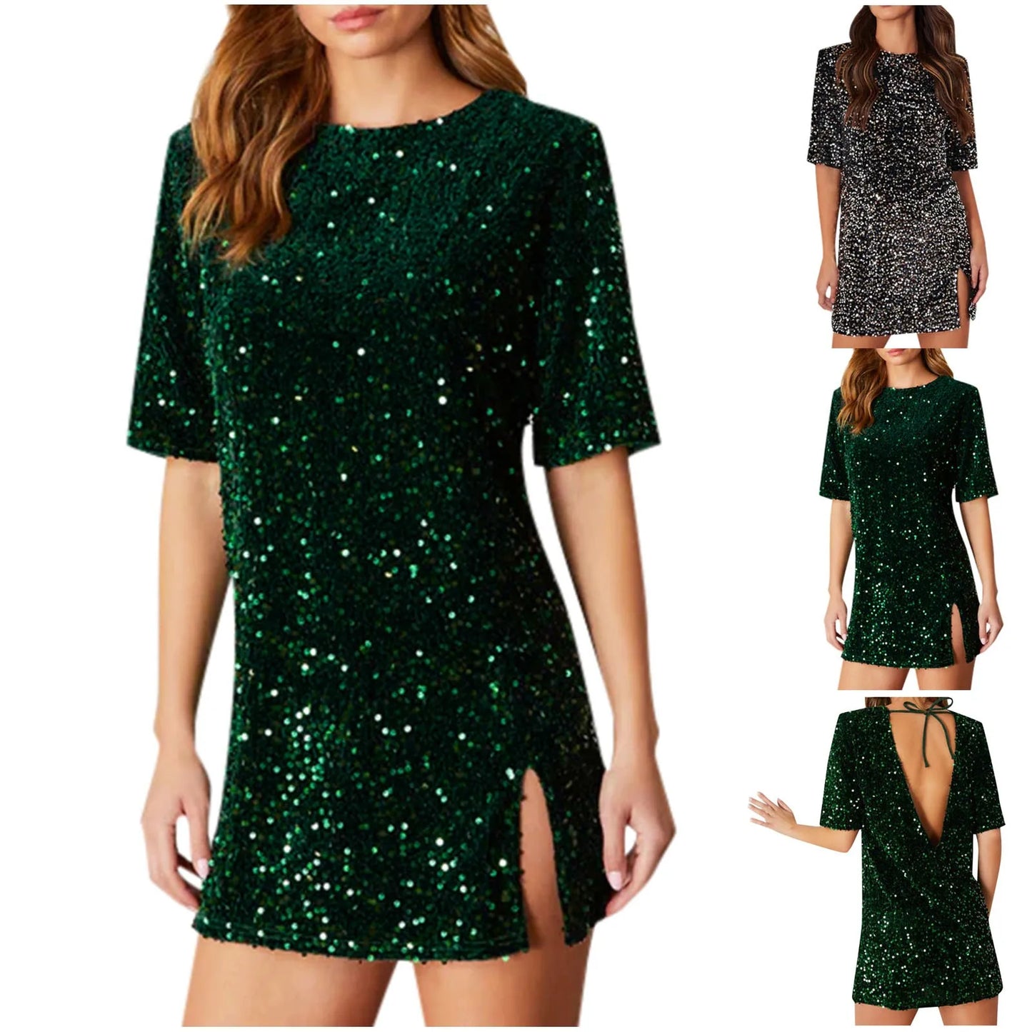 Women's Shiny Sequins T-Shirt Dress Stylish Loose Sparkly Short Sleeve Round Neck Open Back Tie-Up Mini Dress for Party Club