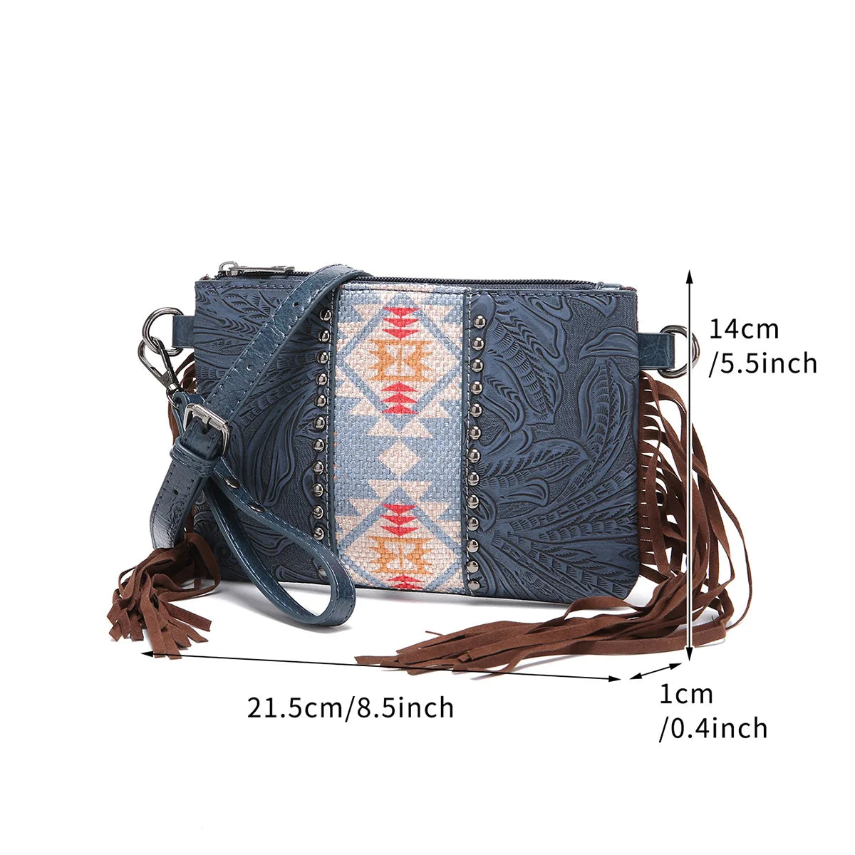 Small Vegan Leather Cowhide Women's Crossbody Handbag with Tassel Wrangler West Fringe Purse for Women Shoulder Bag Tooled Aztec