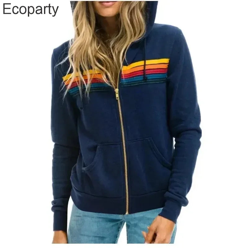 Autumn Unisex Women's Aviator Nation Long Sleeve Hooded Sweatshirts Casual Zipper 5 Stripe Rainbow Hoodies Jacket Coat