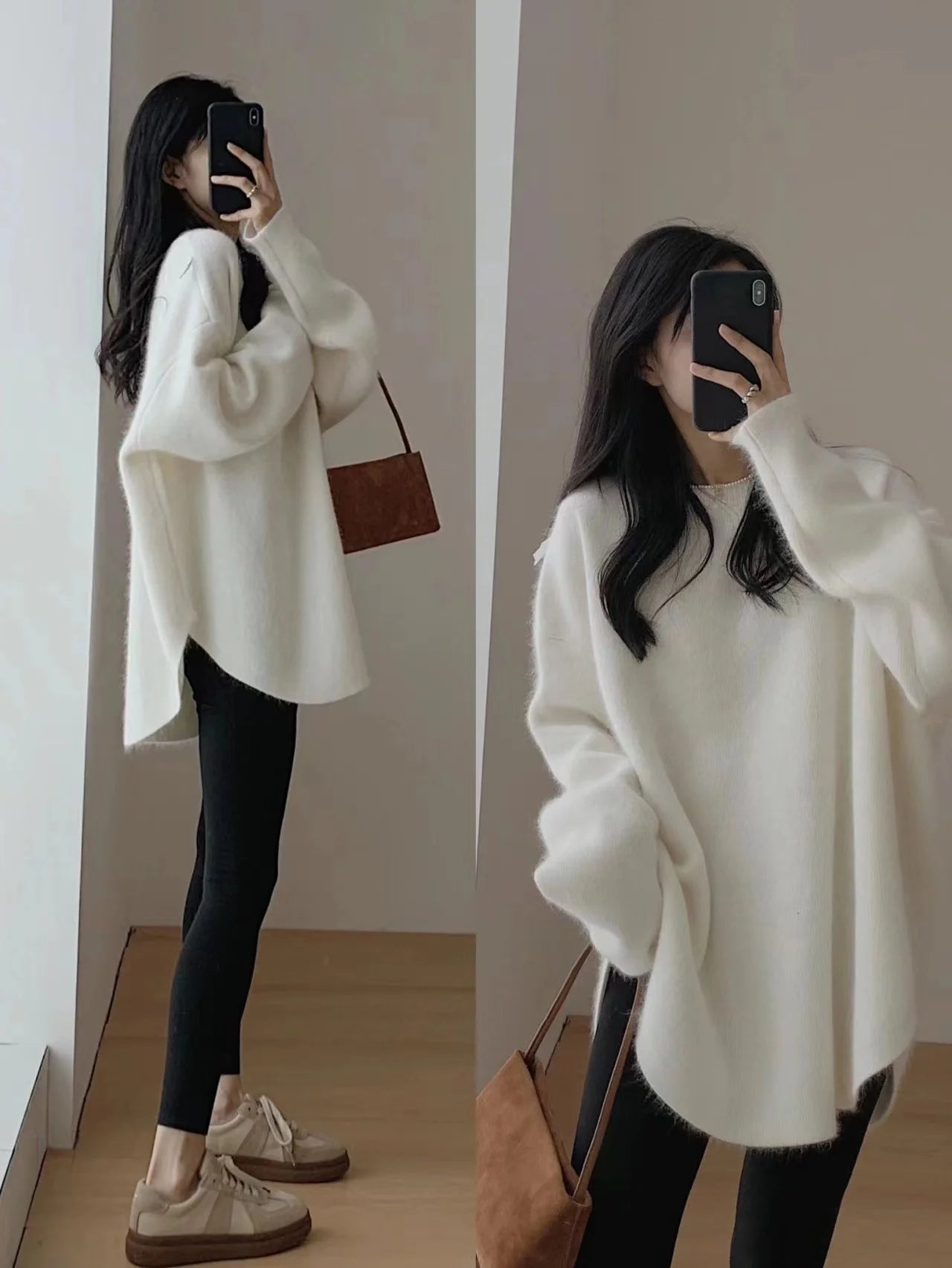 Korean women's mid to long pure wool pullover knitted sweater autumn winter 2024, fashionable and loose large size cashmere tops