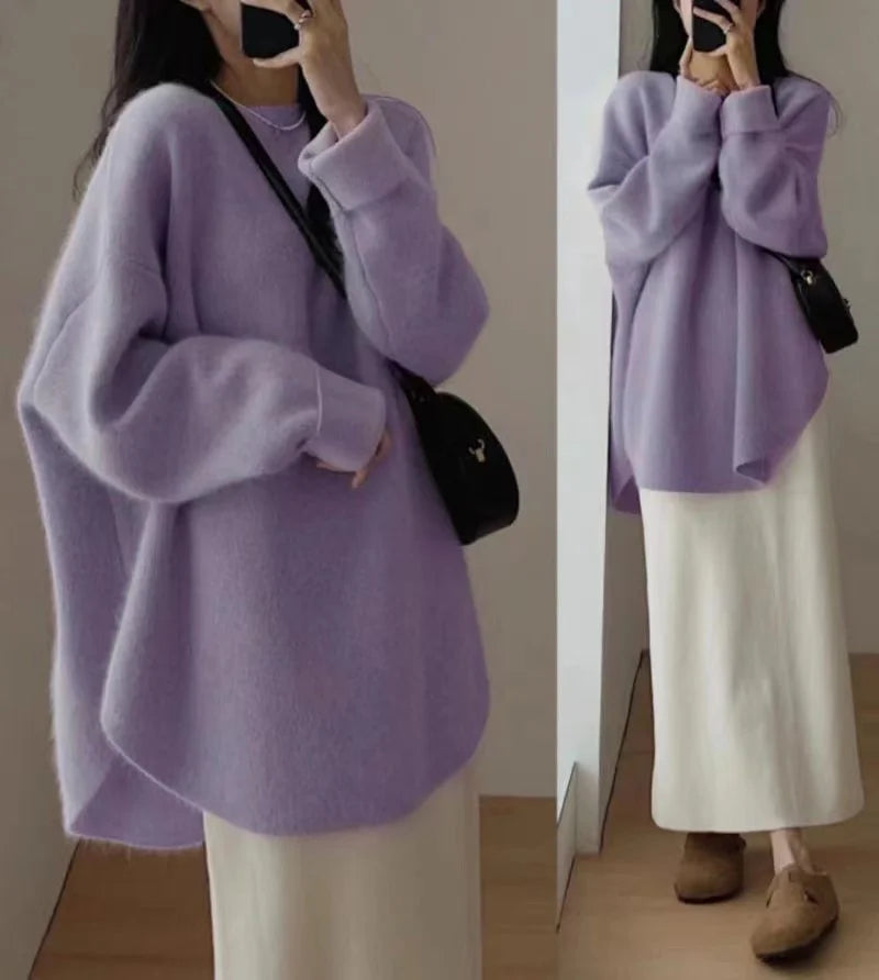 Korean women's mid to long pure wool pullover knitted sweater autumn winter 2024, fashionable and loose large size cashmere tops