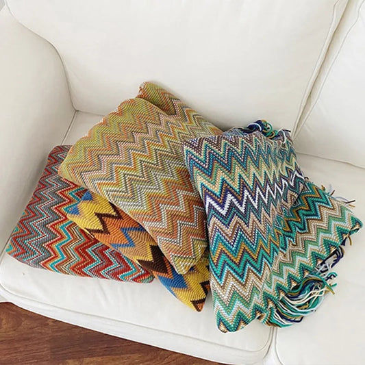 Bohemian Throw Blanket Geometric Knitted Blanket for Bed Plaid Living Room Boho Home Decor Travel Thread Blanket With Tassel