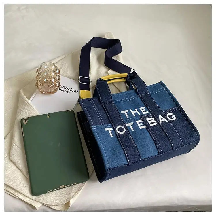 High-capacity Letter Print Underarm Bag Women Y2k New Trendy Fashion Shoulder Handbags Contrast Color Patchwork Denim Tote Bags