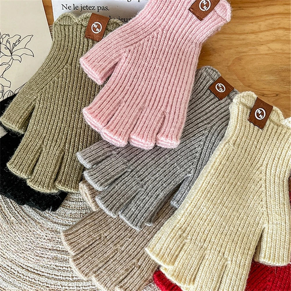 Women's Solid Color Knitted Warm Gloves Winter Half Finger Touch Screen Mittens Outdoor Cycling Stretch Gloves for Adult Couples