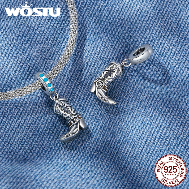 WOSTU Vintage 925 Sterling Silver Western Cowboy Leather Pendant Dream Catcher Charm Fit Original Bracelet DIY Jewelry Making