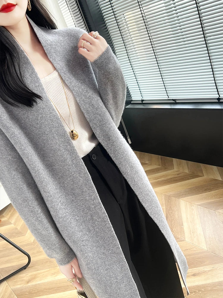 2024 Women Long Cardigan Cashmere Sweater Spring Autumn Winter Office Lady Loose Coat 100% Merino Wool Knitwear Korean Fashion