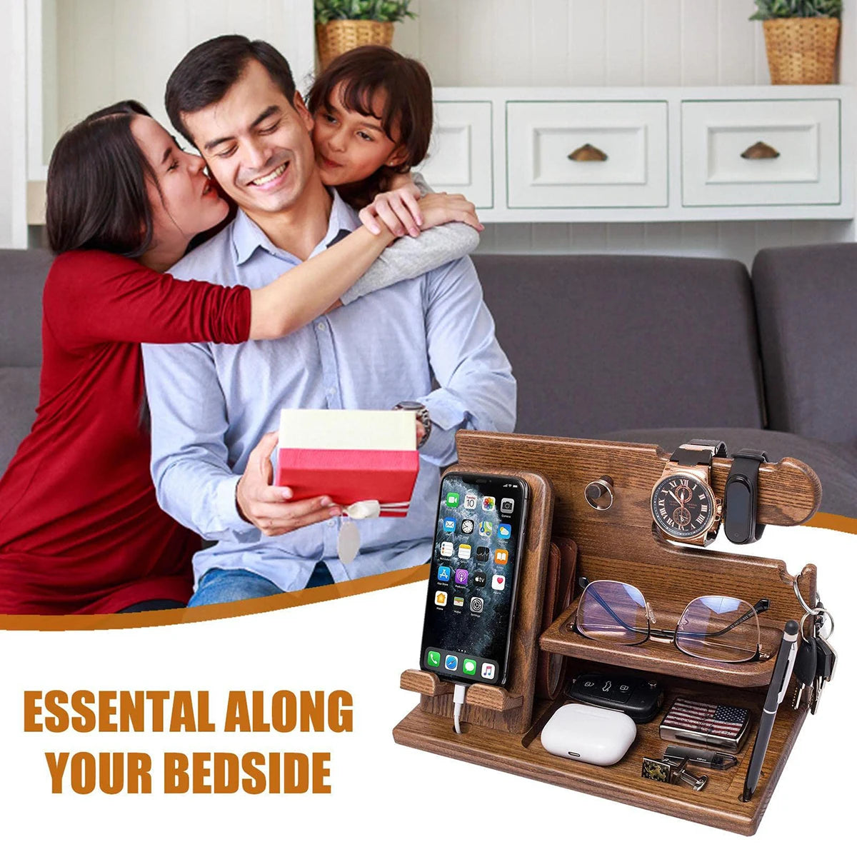 Solid Wood Phone Stand Desktop Creative Storage Rack Multifunctional Hanging Watch Glasses Key Accessories -1pcs