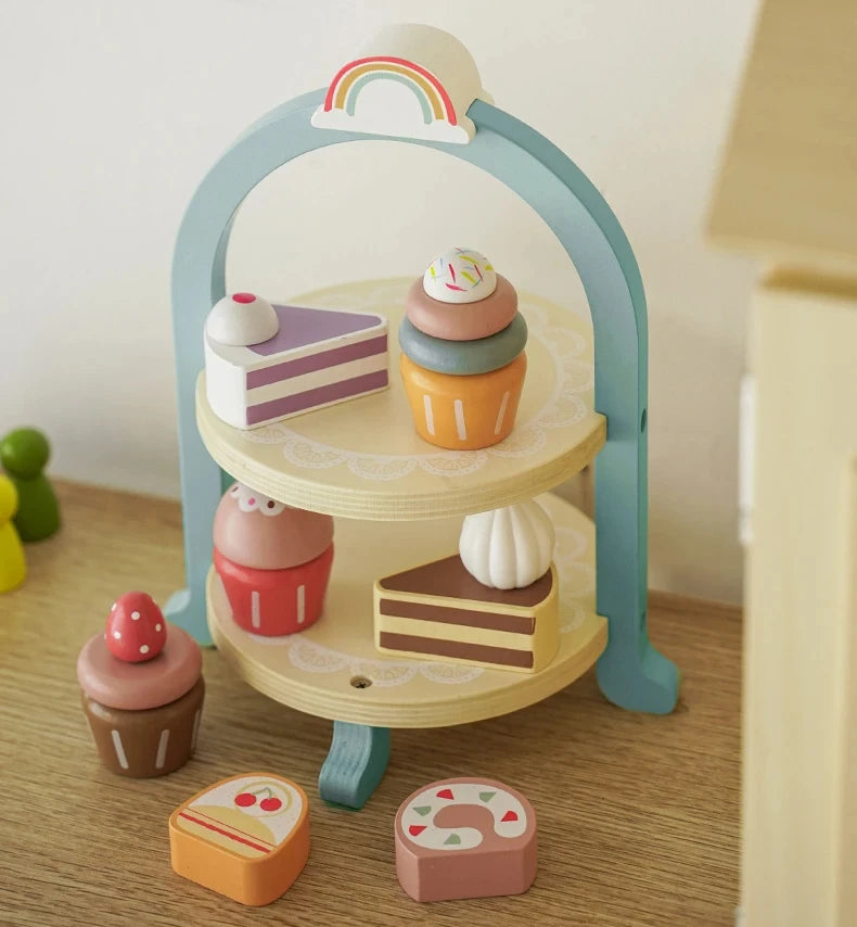 Wooden Kitchen Pretend Play Toy Tea Party Set for Little Girls Coffee Maker Set Cake Ice Cream Tea Playset for 3 4 5 6 Ages Girl