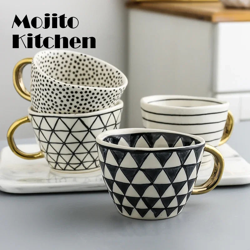 Hand Painted Geometric Ceramic Mugs With Gold Handle Handmade Irregular Cups For Coffee Tea Milk Oatmeal Creative Birthday Gifts