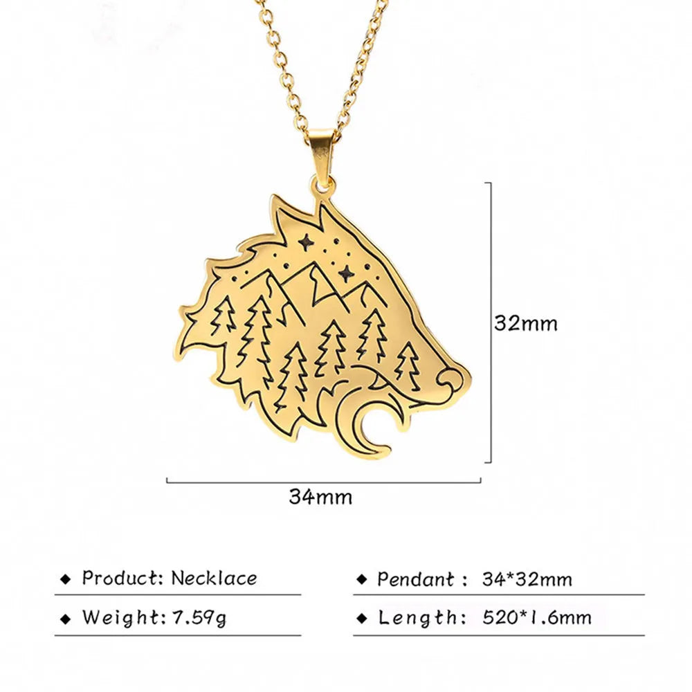 Stainless Steel Animal Pendant Necklace Rabbit Bear Eagle Dog Fox Wolf Scenery Moon Sun Tree Chain Necklaces Jewelry for Women