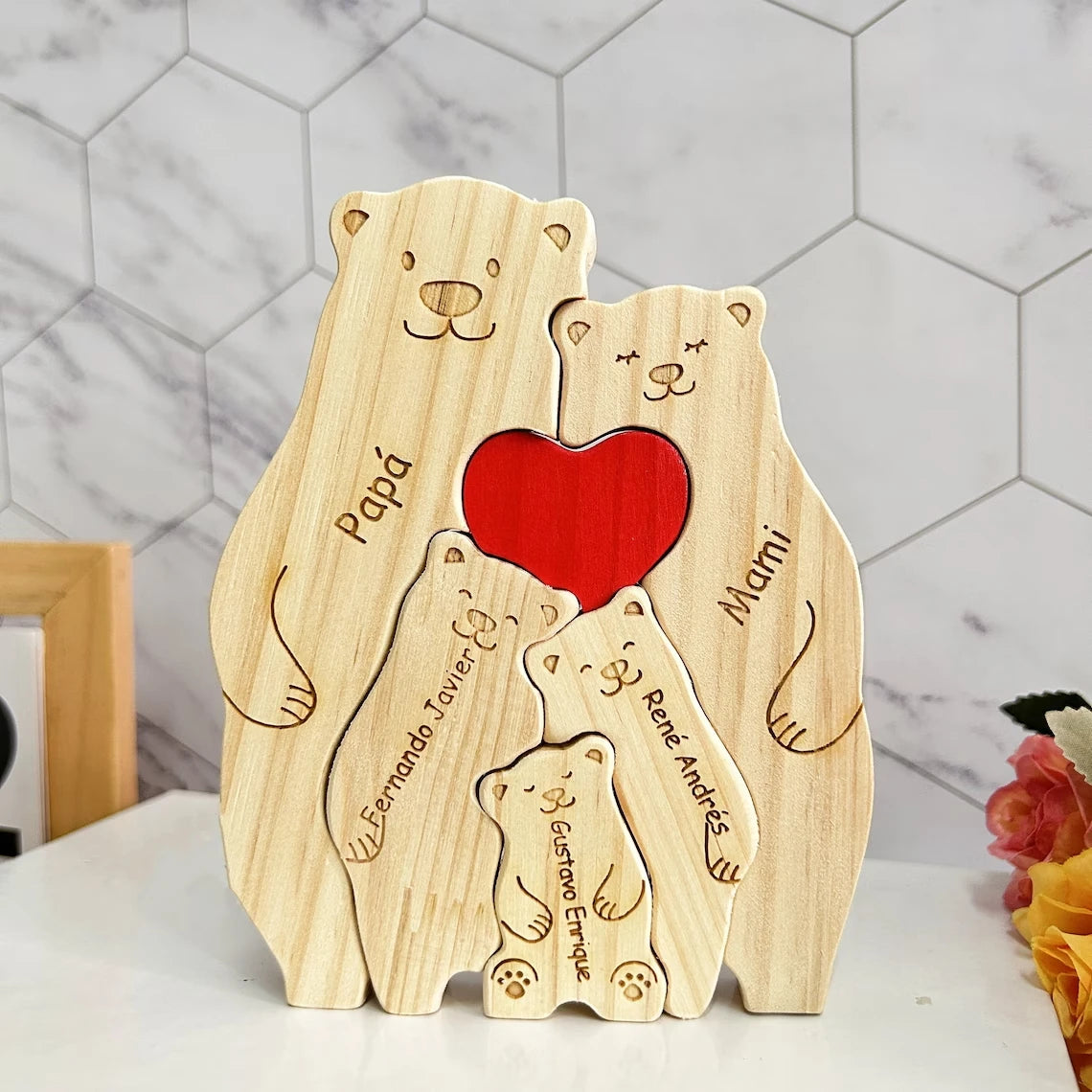 2024 Family Wooden Lovely Bears Puzzle Personalized Family Names Hug Bears Ornaments Christmas Gift Wooden Figurines Home Decor Valentines