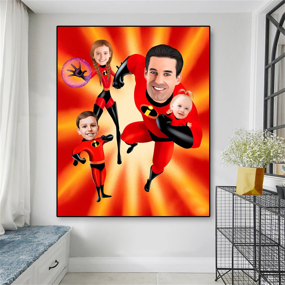 Funny Custom Poster The Incredibles Family Portrait Personalized Superheroes Family Cartoon Canvas Painting Best Gifts Wall Art Valentines Gift