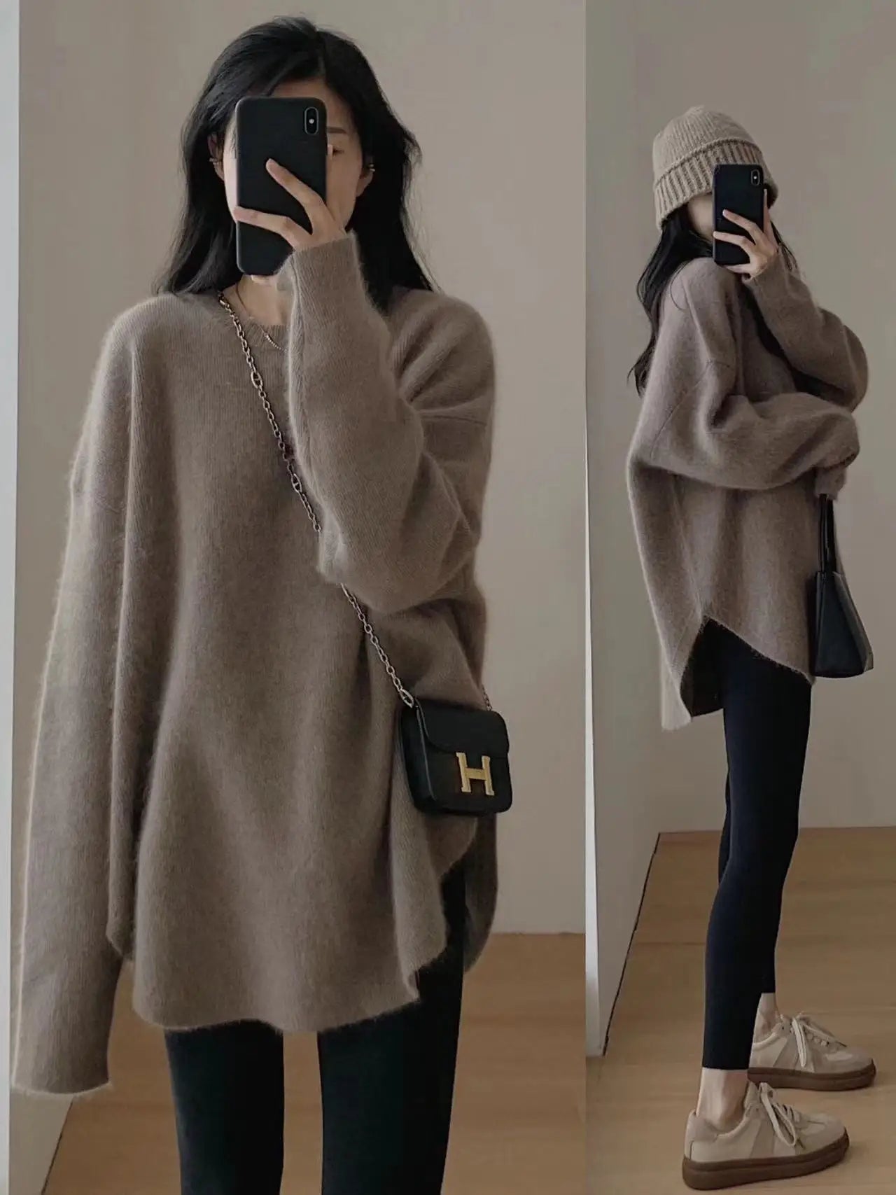 Korean women's mid to long pure wool pullover knitted sweater autumn winter 2024, fashionable and loose large size cashmere tops