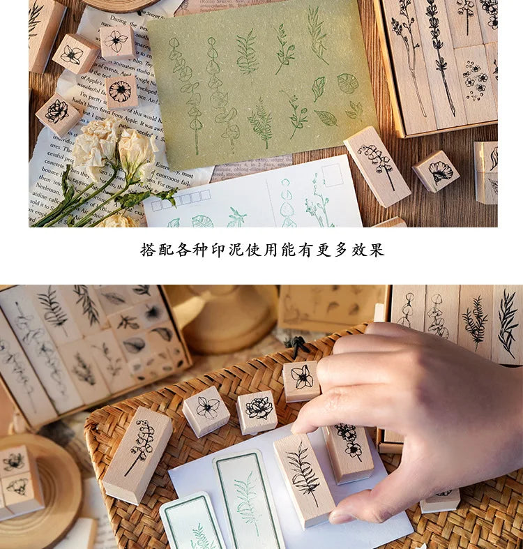 Yoofun 30pcs/set Natural Plants Leaf Flower Wooden Stamp Set Collage Junk Journal Scrapbooking Card Making Standard Stamps