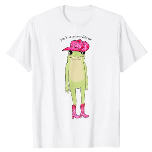 You're A Cowboy Like Me Funny Frog Pink Cowboy-Hat Cowgirl T-Shirt Western Country Southern Style Graphic Tee Tops Cute Outfits