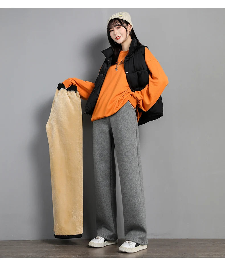 Women Warm Winter Plush Thick Pants Lambskin Cashmere Trousers High Waist Cotton Fleece Loose Female Wide Leg Pants PELEDRESS