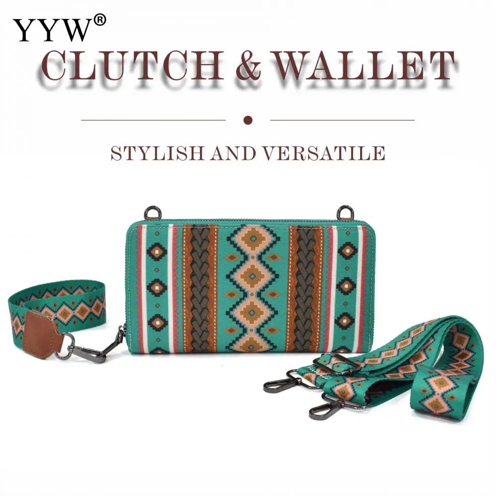 Fashion Bohemian Cowgirl Wallet Purse for Women Western Aztec Ethnic Clutch Wristlet Wallet with Credit Card Holder Shoulder Bag