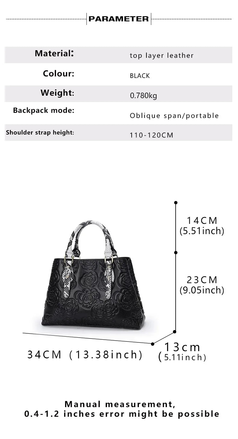 Aidrani  Women's luxury leather handbag, large capacity black, with floral and snake pattern design,