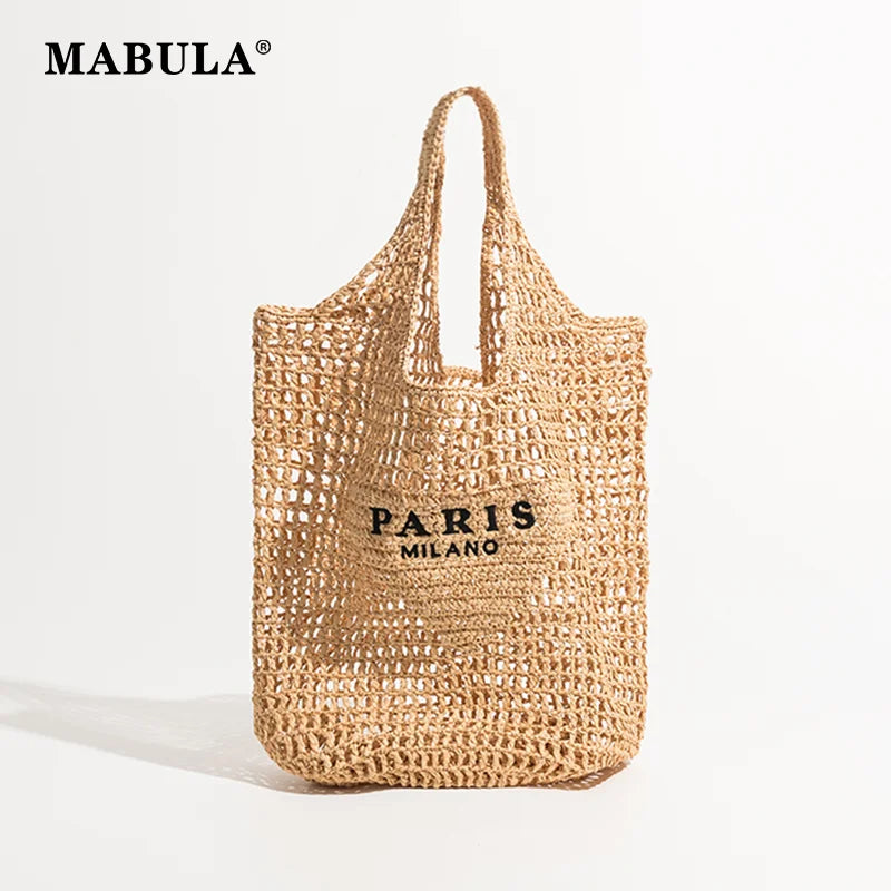 MABULA Straw Handwoven Brand Luxury Design Handbag For Woman Lafite Hollow Out Summer Beach Female Shoulder Purse Phone Bag Valentines Gift