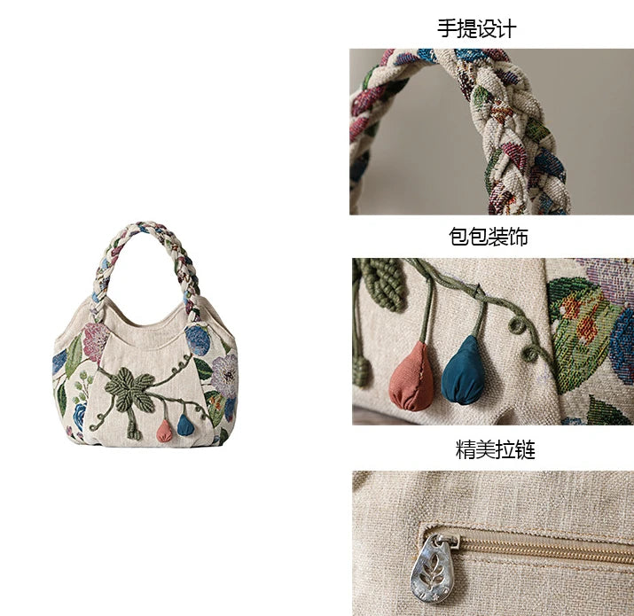 Original Ethnic Style Handbag Canvas Embroidered Women's Bag Handheld Woven Small Bag Embroidery Handbags for Women 2024