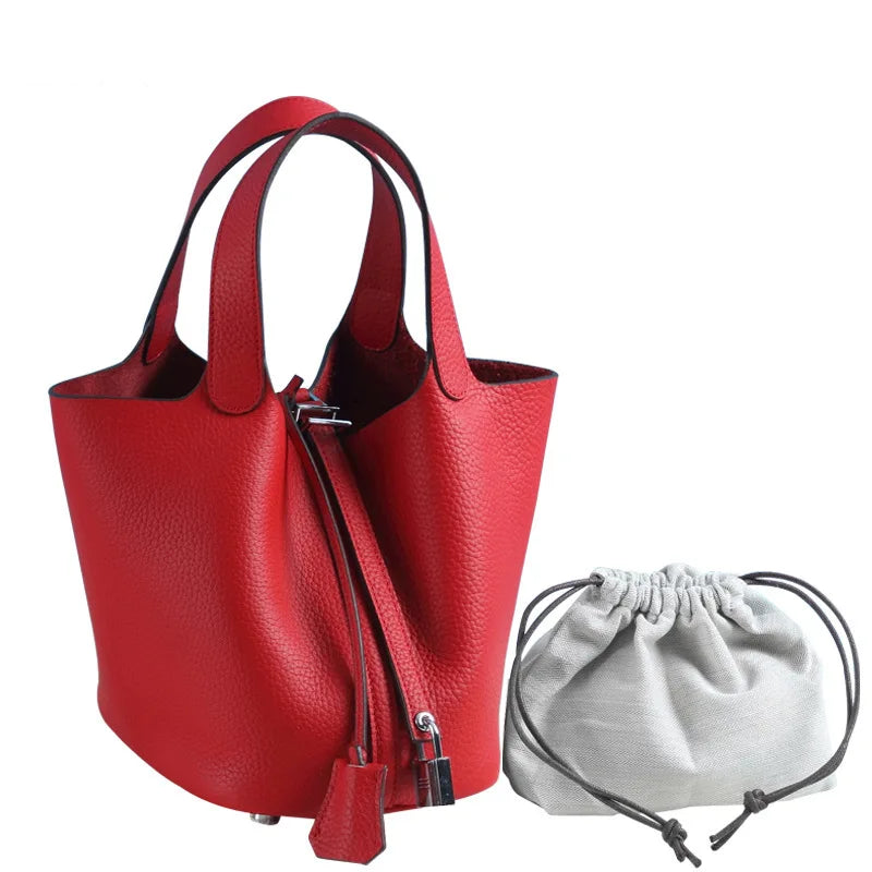 Various Genuine Leather Luxury Bag Fashion Women's Handbag Vegetable Basket Style Portable Women Bucket Bag with Lock