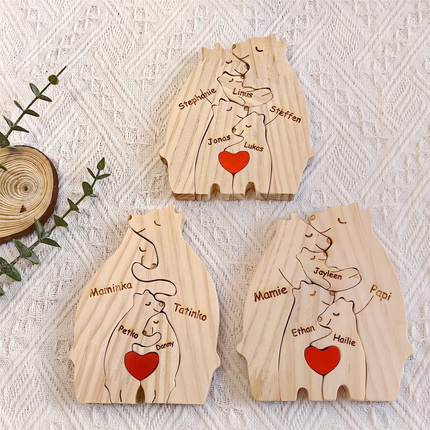 Art Wooden Bear Family Puzzle Personalized Name Custom Home Decor Thanksgiving Christmas Heartwarming Gift for Baby Mom