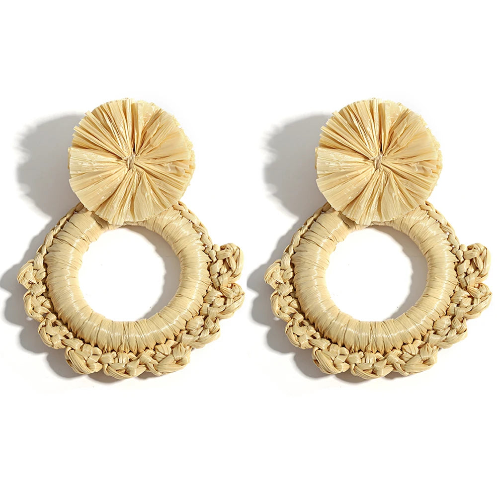 AENSOA Bohemia Handmade Raffia Rattan Braid Wooden Big Large Drop Earrings for Women Boho Jewelry Exaggerated Ethnic Earring