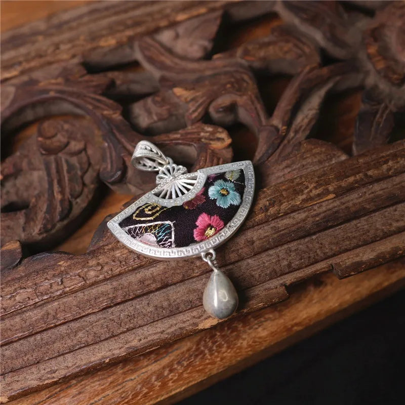 Vintage ethnic style embroidery, old embroidery, wax printing, fan-shaped silver pendant jewelry