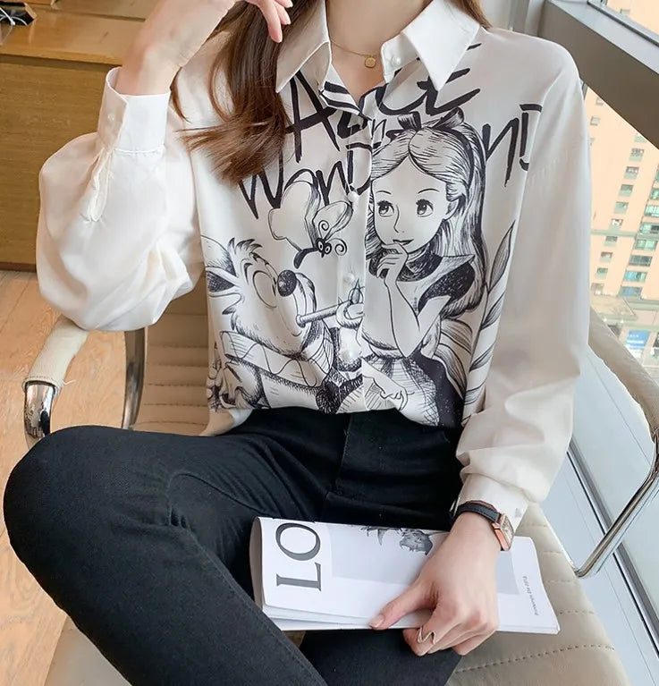 Casual Long Sleeve Cartoon Print Shirt Elegant Chiffon Blouse Women Vintage Harajuku Loose Tops Korean Chic Women Clothing Tunic