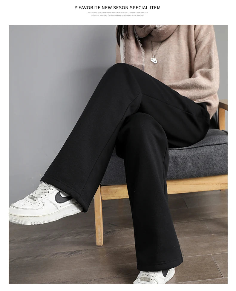 Women Warm Winter Plush Thick Pants Lambskin Cashmere Trousers High Waist Cotton Fleece Loose Female Wide Leg Pants PELEDRESS