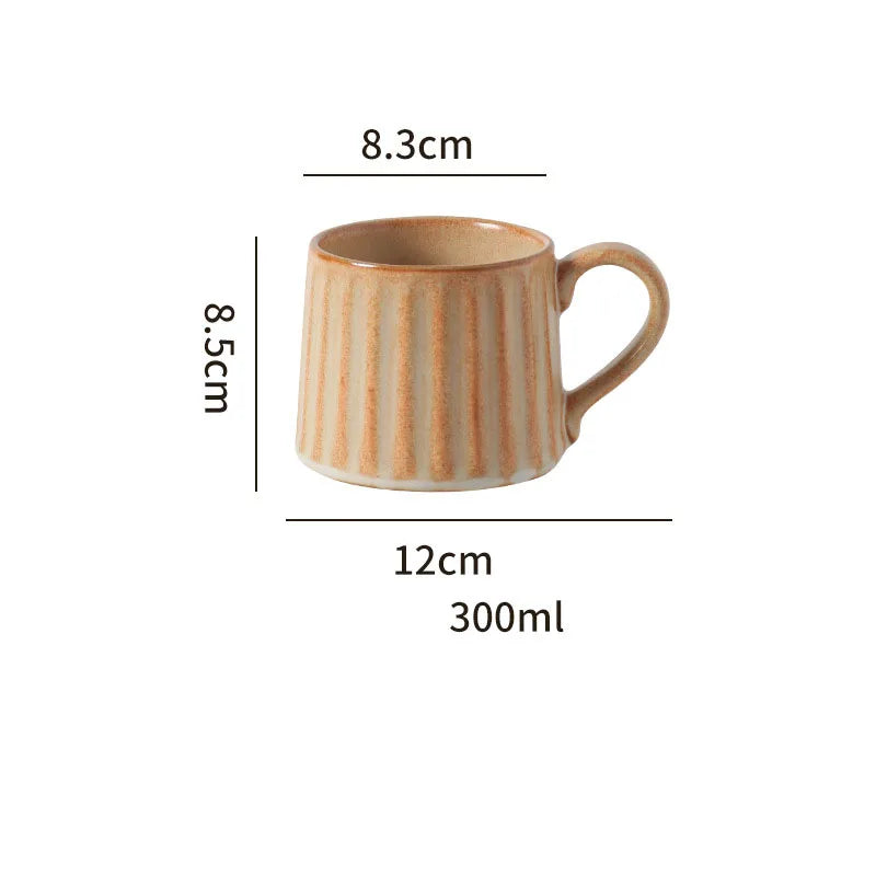 300ML Japanese Retro Rough Pottery Mug Unique Ceramic Office Coffee Cup Dish Set Home Creative Vertical Pattern Brewing Tea Cup