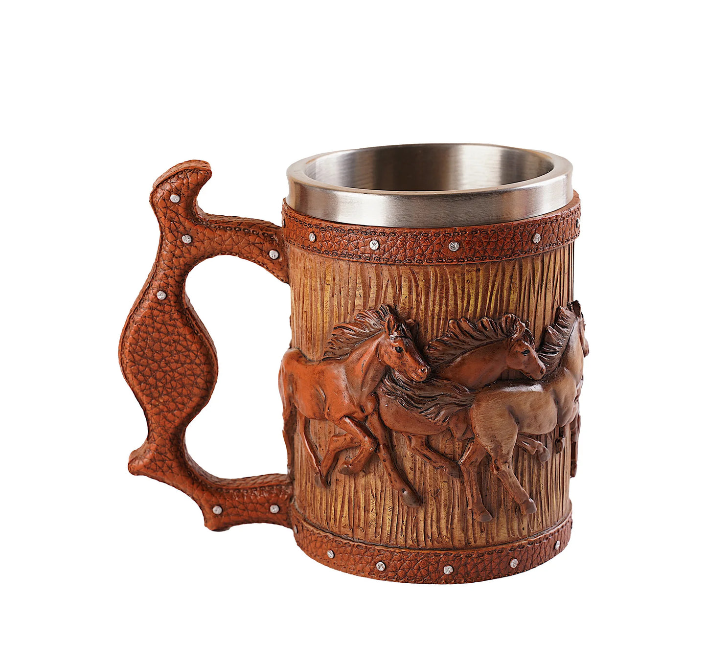 3D Handmade Beer Mug Wood Stainless Steel Cup Running Horses Simulation Wooden Barrel Double Wall Vintage Bar Accessories