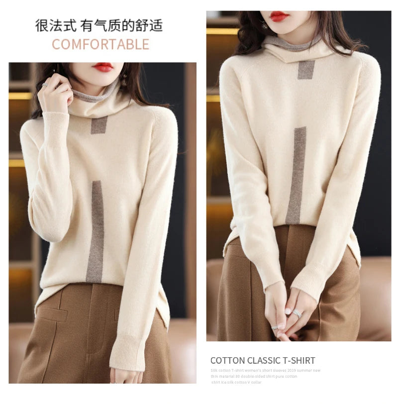 100% Mink Cashmere Sweater Ladies Pile Collar Pullover Tops Spring / Autumn New Colorblock Top Korean Style Fashion Tight Thin