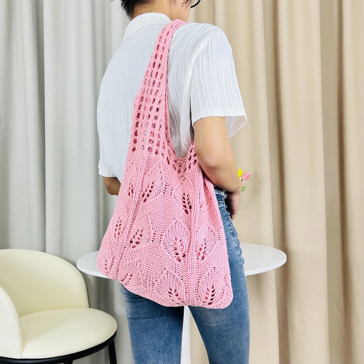 Knitted Handbags Beach Bags Lightweight Students Shoulder Casual Tote Female Style Shopping Woven Bags For Women Girls