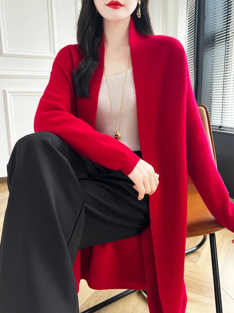 2024 Women Long Cardigan Cashmere Sweater Spring Autumn Winter Office Lady Loose Coat 100% Merino Wool Knitwear Korean Fashion