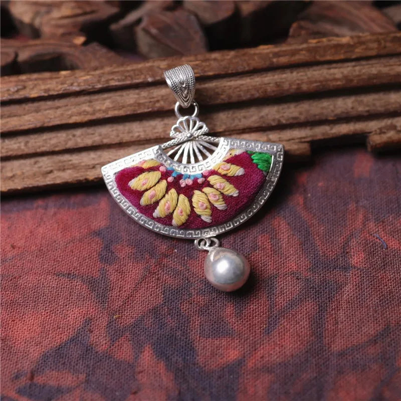 Vintage ethnic style embroidery, old embroidery, wax printing, fan-shaped silver pendant jewelry