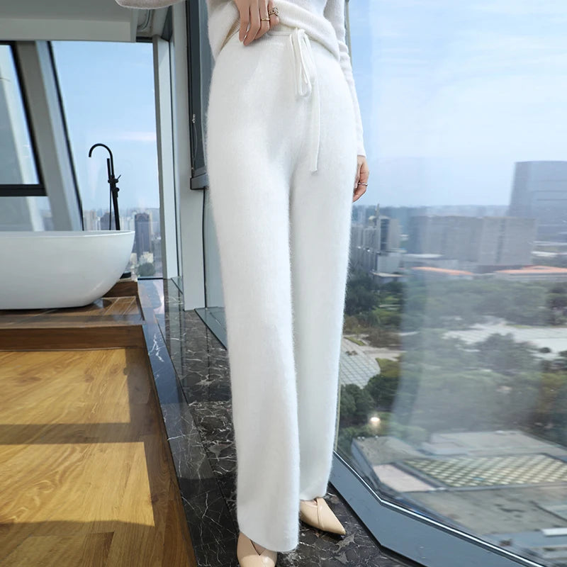 2024 Autumn/Winter New Mink Cashmere Wide Leg Pants for Women, Thickened, Warm, Loose, High Waist Strap up Vertical Casual Pants