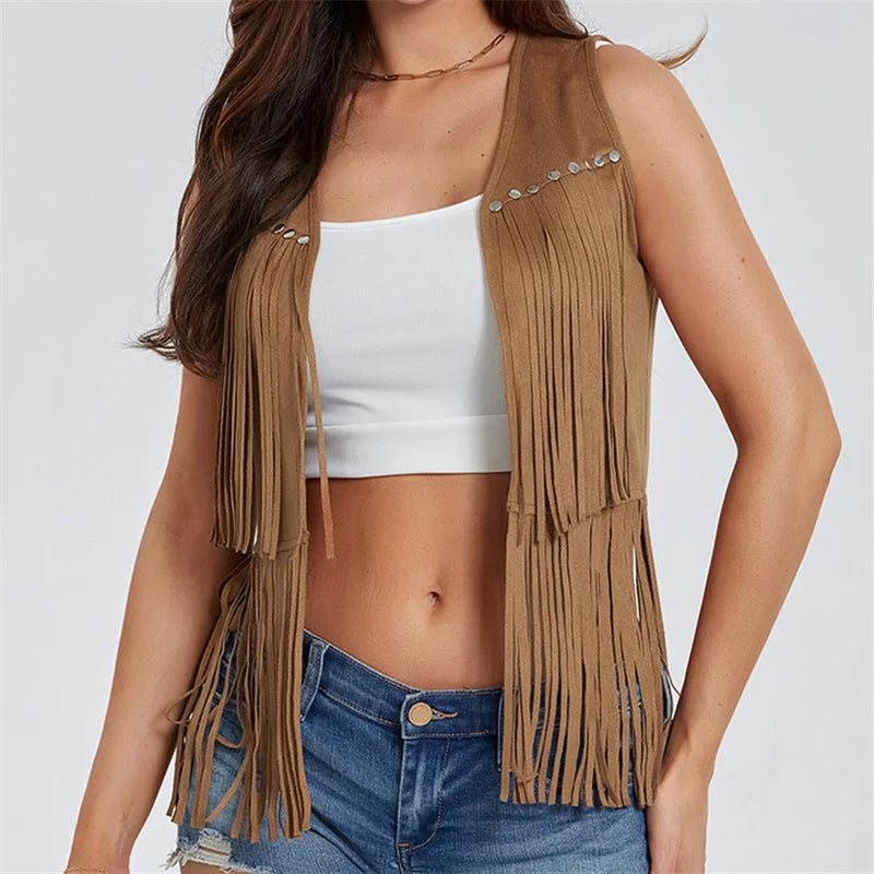 Women Fringe Vest Faux Suede Open Front Vintage Vest Sleeveless Hippie Clothes Boho Western Cowboy Style Short Jacket