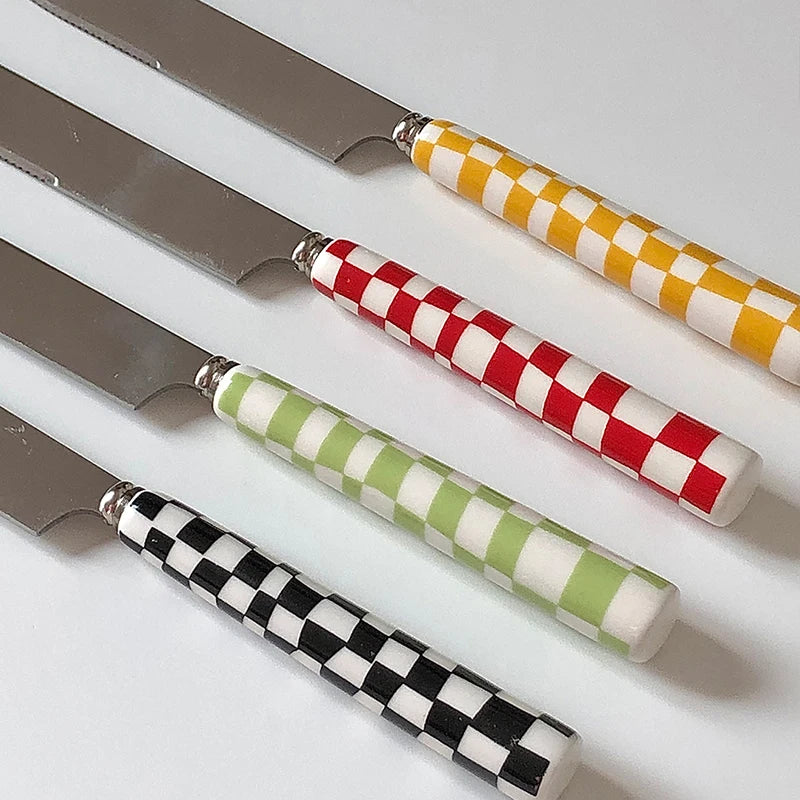 Stainless Steel Knife Fork Spoon with Checkerboard Ceramic Handle Kitchen Dinnerware Dessert Fork Knife Spoon Tableware Set