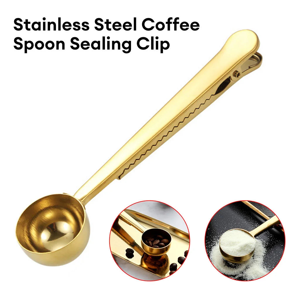 2 in 1 Creative Coffee Spoon 5ml Stainless Steel Multifunctional Coffee Scoop with Sealing Clip Kitchen Measuring Coffee Scoop