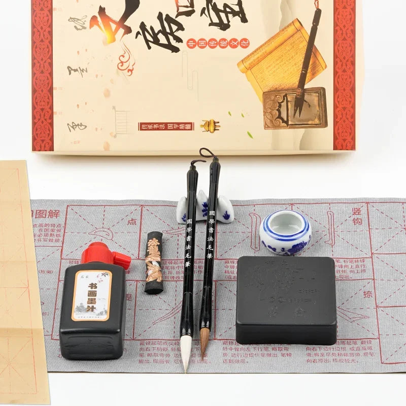 Beginner's 10 Piece Set of Brush Calligraphy Stickers  Water Writing Cloth Set  Calligraphy Pen Ink Paper Inkstone Gift Box