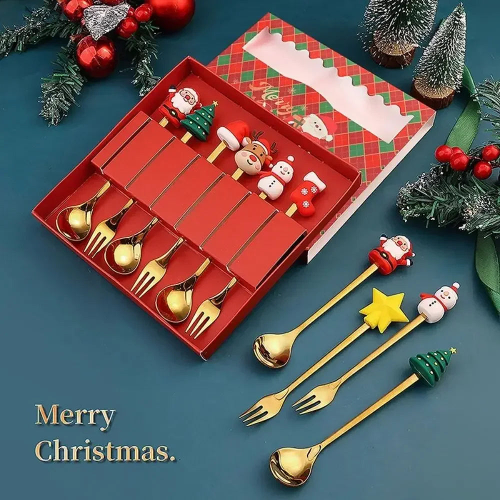 New Christmas Tableware Set Spoon and Fork Stainless Steel Creative Tableware Coffee Tea Dessert Spoon Exquisite Gift Set